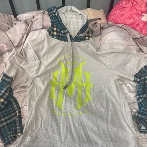 Disney Parks Haunted Mansion Layered Look Flannel Plaid Sleeve Hoodie Top Medium